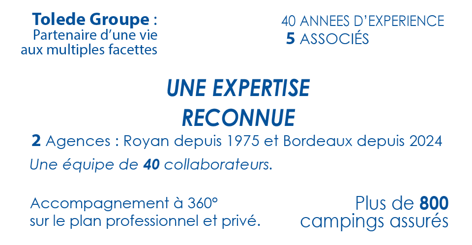40 années d'expérience, Tolede HPA, 800 campings assurés, agence certifiée qualité assurance, 8000 clients, équipe de 20 personnes